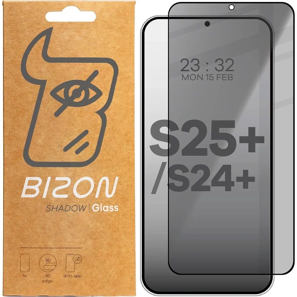 Hurtownia GSM - Prywatyzujące szkło hartowane Bizon Glass Edge Shadow do Samsung Galaxy S25 Plus / S24 Plus przyciemniane z czarną ramką - BIZ5447 - {ean13} - Hurt