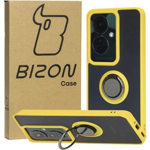 Etui z uchwytem na palec Bizon Case Hybrid Ring do Oppo Reno11 F 5G przydymione z żółtą ramką