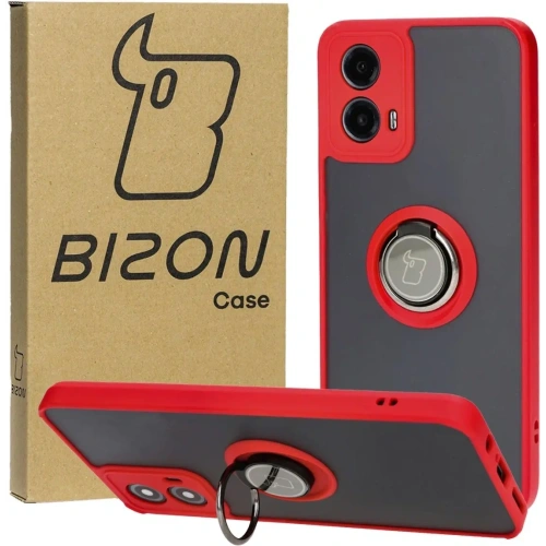 Etui z uchwytem na palec Bizon Case Hybrid Ring do Motorola Moto G34 5G przydymione z czerwoną ramką
