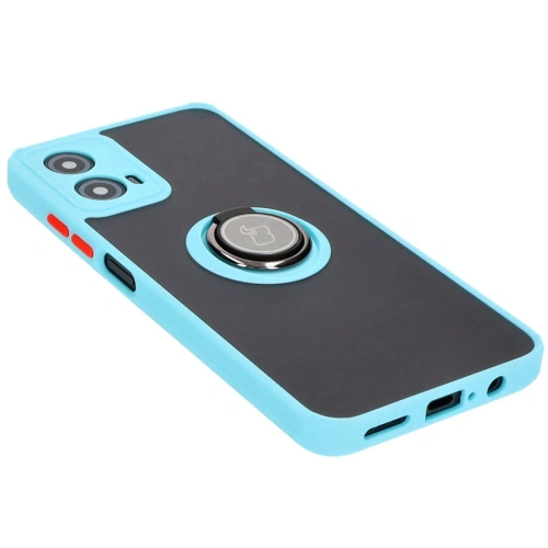 Etui z uchwytem na palec Bizon Case Hybrid Ring do Motorola Moto G34 5G przydymione z jasnoniebieską ramką