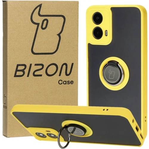 Etui z uchwytem na palec Bizon Case Hybrid Ring do Motorola Moto G34 5G przydymione z żółtą ramką