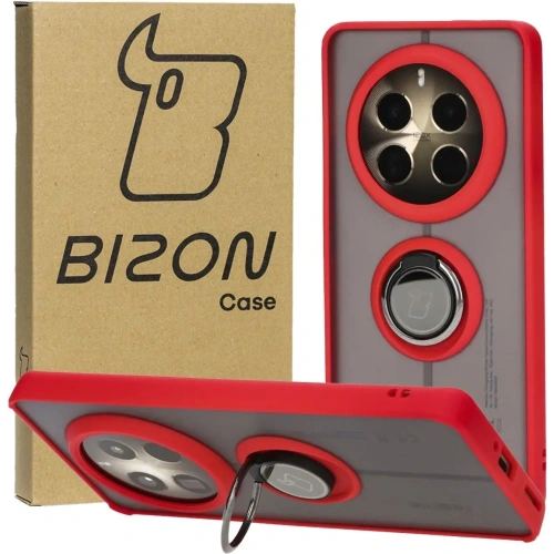 Etui z uchwytem na palec Bizon Case Hybrid Ring do Realme 12 Pro / 12 Pro+ przydymione z czerwoną ramką
