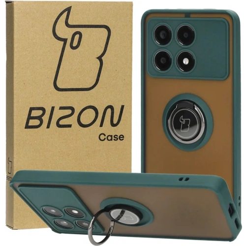 Etui z uchwytem na palec Bizon Case Hybrid Ring do Xiaomi Poco X6 Pro przydymione z ciemnozieloną ramką