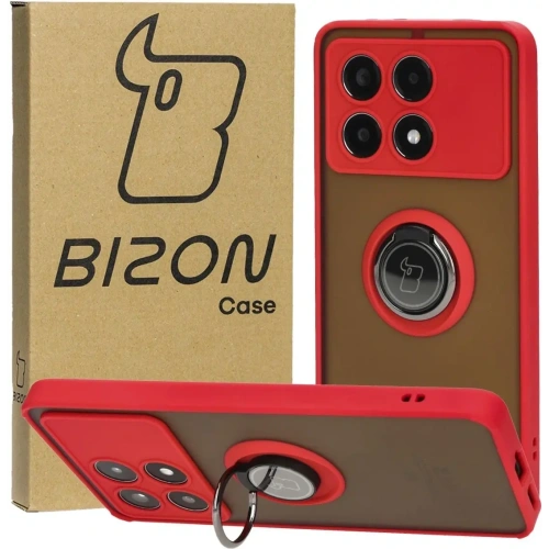 Etui z uchwytem na palec Bizon Case Hybrid Ring do Xiaomi Poco X6 Pro przydymione z czerwoną ramką