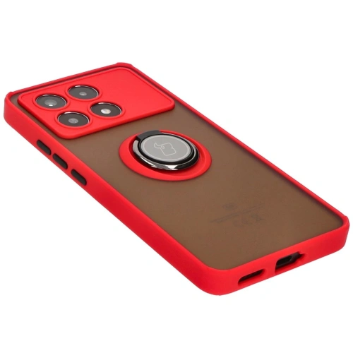 Etui z uchwytem na palec Bizon Case Hybrid Ring do Xiaomi Poco X6 Pro przydymione z czerwoną ramką