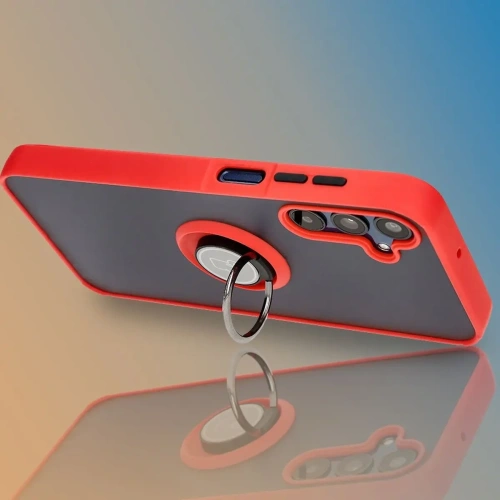 Etui z uchwytem na palec Bizon Case Hybrid Ring do Samsung Galaxy M15 5G przydymione z czerwoną ramką
