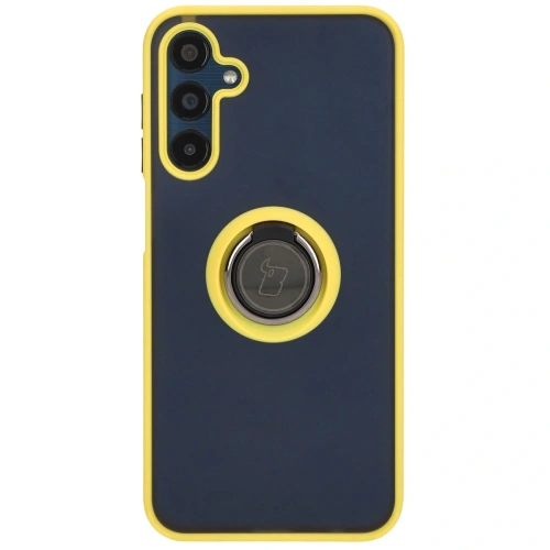 Etui z uchwytem na palec Bizon Case Hybrid Ring do Samsung Galaxy M15 5G przydymione z żółtą ramką