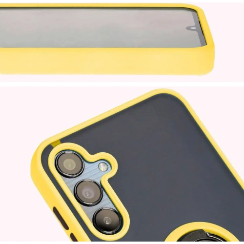 Etui z uchwytem na palec Bizon Case Hybrid Ring do Samsung Galaxy M15 5G przydymione z żółtą ramką