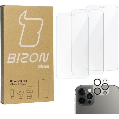 3x Szkło na ekran + szkło na aparat BIZON Clear do Apple iPhone 12 Pro