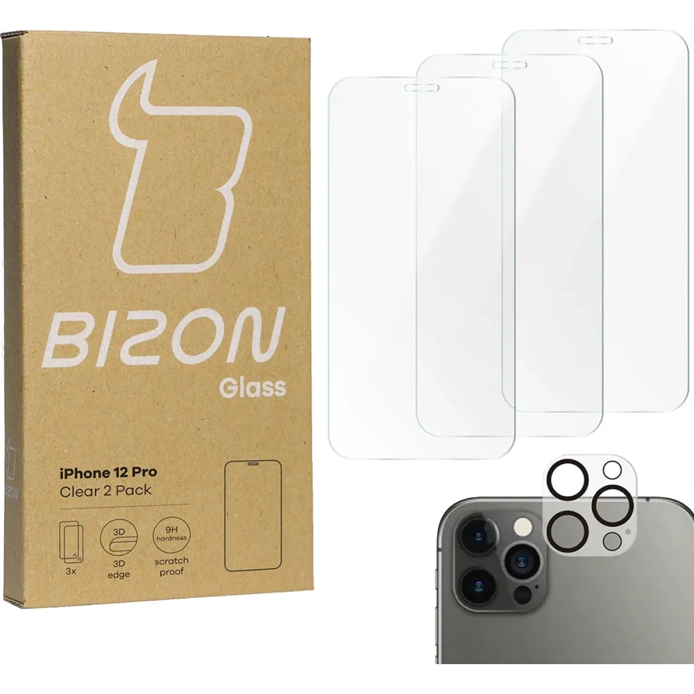 Hurtownia GSM - BIZON Clear 3x sticlă pentru ecran + sticlă pentru cameră Apple iPhone 12 Pro - BIZ5613 - {ean13} - Hurt