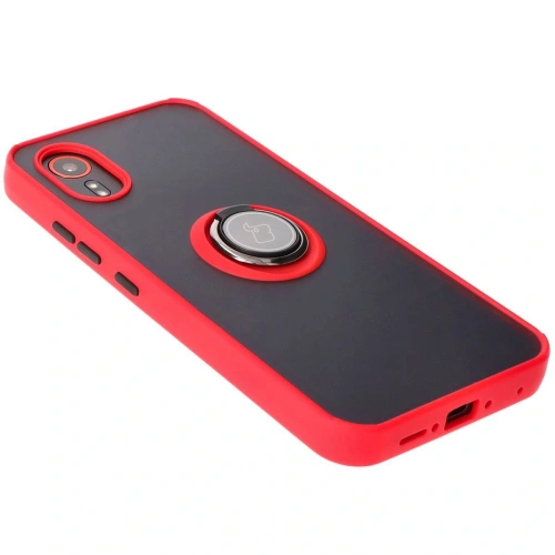 Etui z uchwytem na palec Bizon Case Hybrid Ring do Samsung Galaxy Xcover7 przydymione z czerwoną ramką