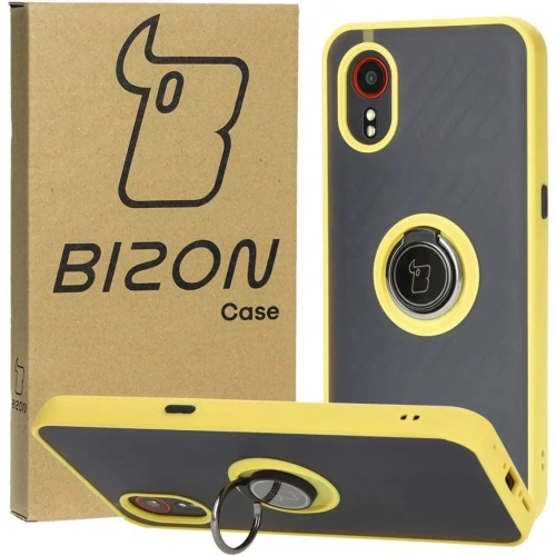 Etui z uchwytem na palec Bizon Case Hybrid Ring do Samsung Galaxy Xcover7 przydymione z żółtą ramką