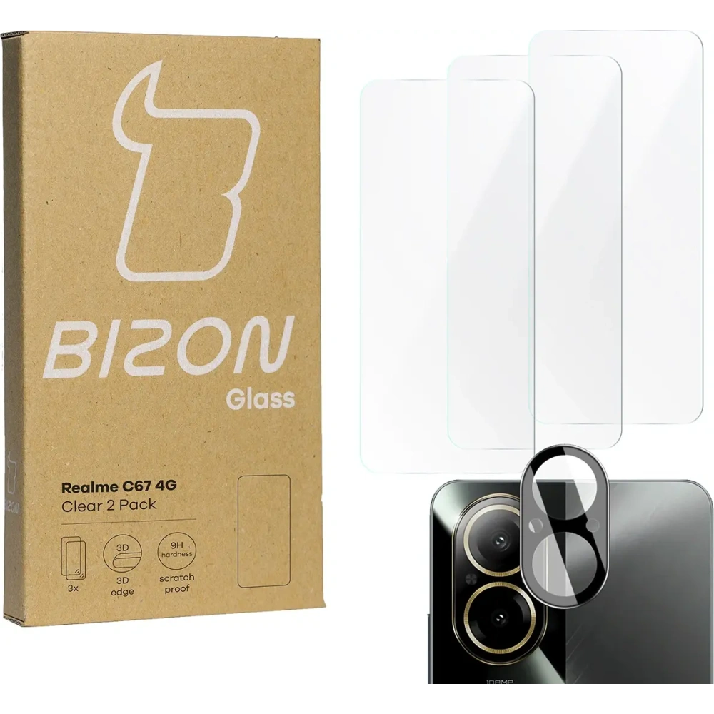Hurtownia GSM - 3x Szkło na ekran + szkło na aparat BIZON Clear do Realme C67 4G - BIZ5107 - {ean13} - Hurt