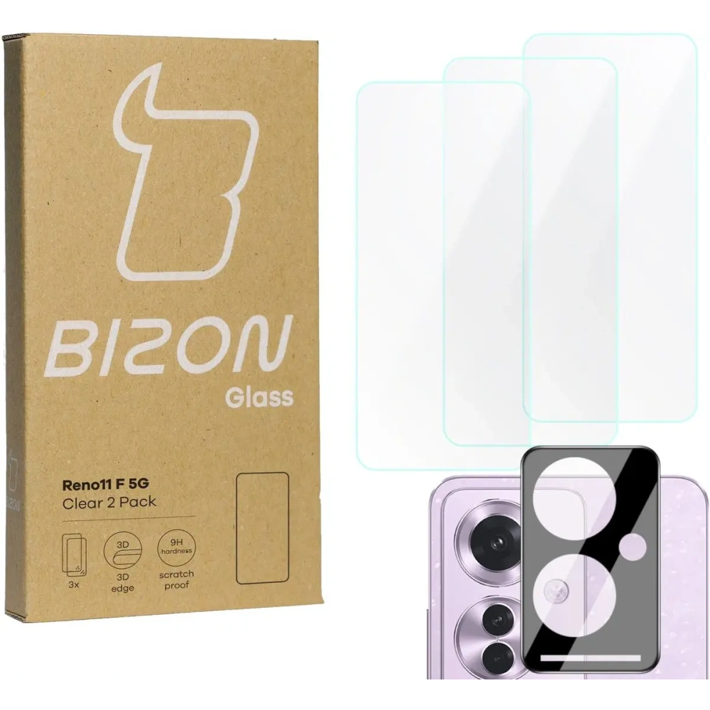 Hurtownia GSM - BIZON Clear 3x sticlă de protecție pentru ecran + sticlă pentru cameră Oppo Reno11 F 5G - BIZ5184 - {ean13} - Hurt
