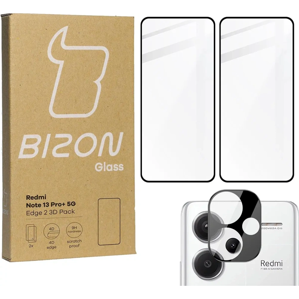 Hurtownia GSM - Bizon Glass Edge 2 3D Pack edzett üveg - [2 PACK] + lencse védelem Xiaomi Redmi Note 13 Pro+ 5G fekete - BIZ5186 - {ean13} - Hurt