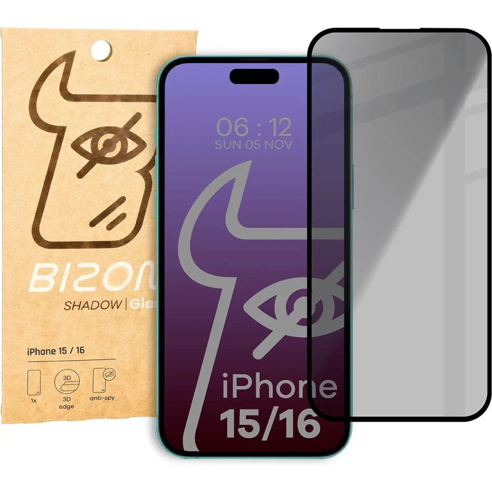 Hurtownia GSM - Prywatyzující tvrzené sklo Bizon Glass Edge Shadow pro Apple iPhone 16/15 se ztmaveným černým rámečkem - BIZ5200 - {ean13} - Hurt