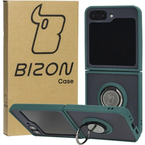 Etui z uchwytem na palec Bizon Case Hybrid Ring do Samsung Galaxy Z Flip6 / 7 FE przydymione z ciemnozieloną ramką