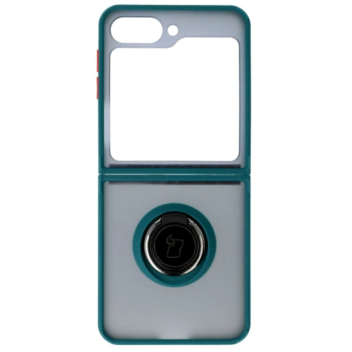 Etui z uchwytem na palec Bizon Case Hybrid Ring do Samsung Galaxy Z Flip6 / 7 FE przydymione z ciemnozieloną ramką