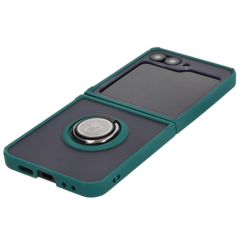 Etui z uchwytem na palec Bizon Case Hybrid Ring do Samsung Galaxy Z Flip6 / 7 FE przydymione z ciemnozieloną ramką