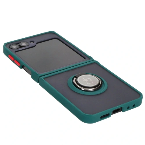 Etui z uchwytem na palec Bizon Case Hybrid Ring do Samsung Galaxy Z Flip6 / 7 FE przydymione z ciemnozieloną ramką