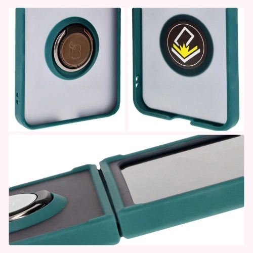 Etui z uchwytem na palec Bizon Case Hybrid Ring do Samsung Galaxy Z Flip6 / 7 FE przydymione z ciemnozieloną ramką