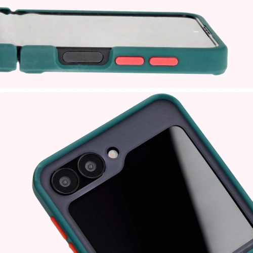 Etui z uchwytem na palec Bizon Case Hybrid Ring do Samsung Galaxy Z Flip6 / 7 FE przydymione z ciemnozieloną ramką