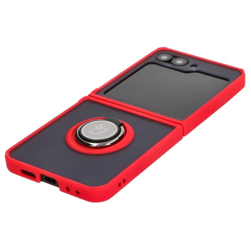Etui z uchwytem na palec Bizon Case Hybrid Ring do Samsung Galaxy Z Flip6 / 7 FE przydymione z czerwoną ramką