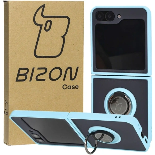 Etui z uchwytem na palec Bizon Case Hybrid Ring do Samsung Galaxy Z Flip6 / 7 FE przydymione z jasnoniebieską ramką