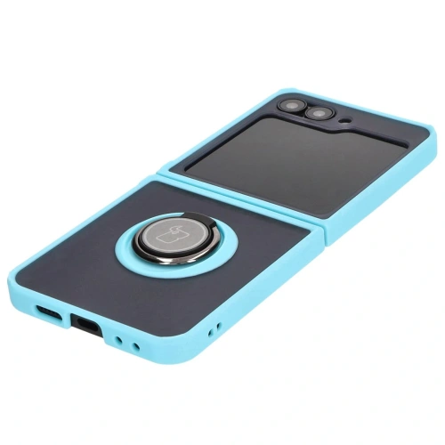 Etui z uchwytem na palec Bizon Case Hybrid Ring do Samsung Galaxy Z Flip6 / 7 FE przydymione z jasnoniebieską ramką