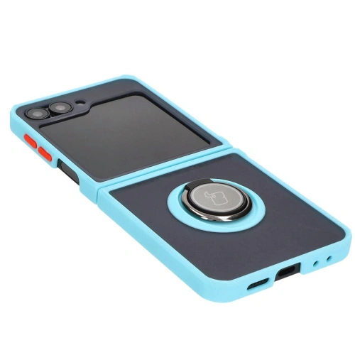 Etui z uchwytem na palec Bizon Case Hybrid Ring do Samsung Galaxy Z Flip6 / 7 FE przydymione z jasnoniebieską ramką