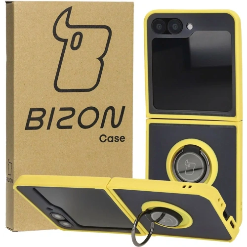 Etui z uchwytem na palec Bizon Case Hybrid Ring do Samsung Galaxy Z Flip6 / 7 FE przydymione z żółtą ramką