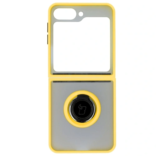 Etui z uchwytem na palec Bizon Case Hybrid Ring do Samsung Galaxy Z Flip6 / 7 FE przydymione z żółtą ramką