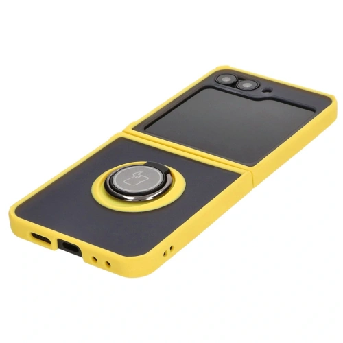 Etui z uchwytem na palec Bizon Case Hybrid Ring do Samsung Galaxy Z Flip6 / 7 FE przydymione z żółtą ramką