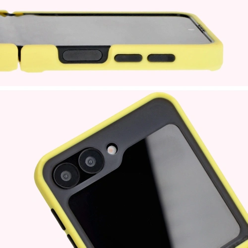 Etui z uchwytem na palec Bizon Case Hybrid Ring do Samsung Galaxy Z Flip6 / 7 FE przydymione z żółtą ramką