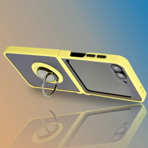 Etui z uchwytem na palec Bizon Case Hybrid Ring do Samsung Galaxy Z Flip6 / 7 FE przydymione z żółtą ramką