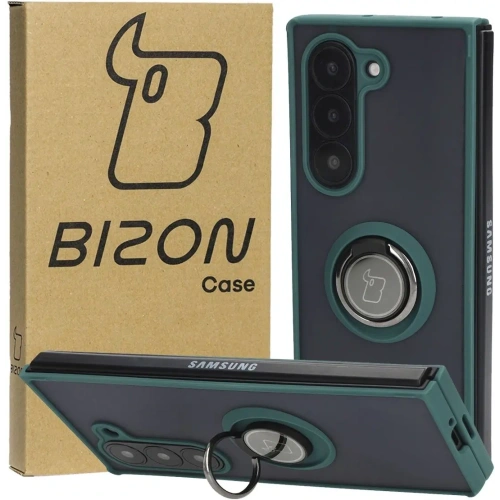 Etui z uchwytem na palec Bizon Case Hybrid Ring do Samsung Galaxy Z Fold6 przydymione z ciemnozieloną ramką