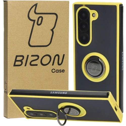 Etui z uchwytem na palec Bizon Case Hybrid Ring do Samsung Galaxy Z Fold6 przydymione z żółtą ramką