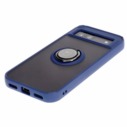 Etui z uchwytem na palec Bizon Case Hybrid Ring do Google Pixel 8a przydymione z granatową ramką