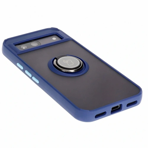 Etui z uchwytem na palec Bizon Case Hybrid Ring do Google Pixel 8a przydymione z granatową ramką