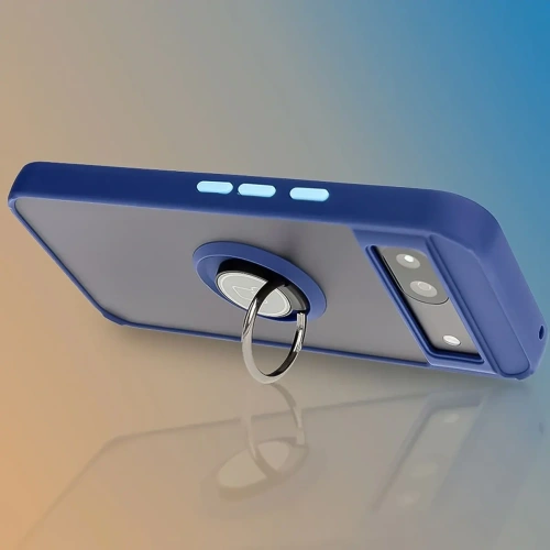 Etui z uchwytem na palec Bizon Case Hybrid Ring do Google Pixel 8a przydymione z granatową ramką