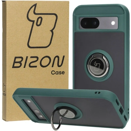 Etui z uchwytem na palec Bizon Case Hybrid Ring do Google Pixel 8a przydymione z ciemnozieloną ramką