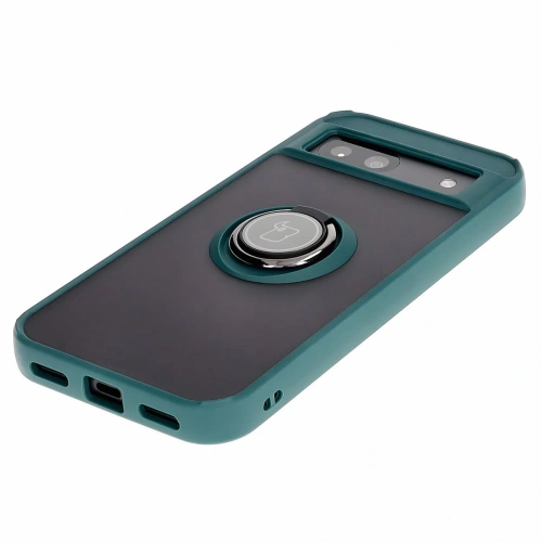Etui z uchwytem na palec Bizon Case Hybrid Ring do Google Pixel 8a przydymione z ciemnozieloną ramką