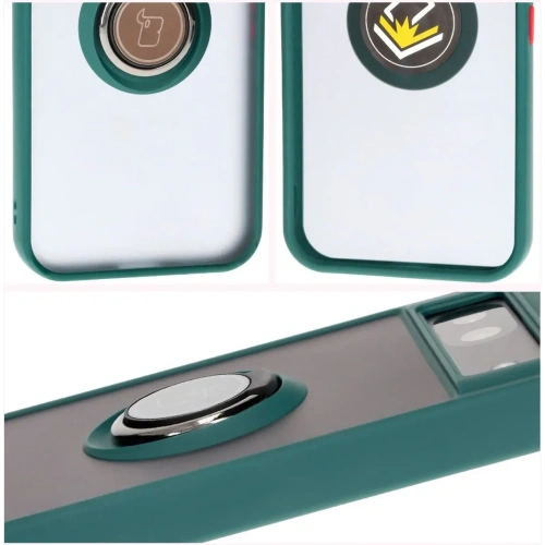 Etui z uchwytem na palec Bizon Case Hybrid Ring do Google Pixel 8a przydymione z ciemnozieloną ramką