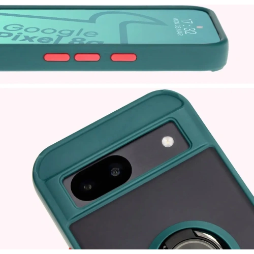 Etui z uchwytem na palec Bizon Case Hybrid Ring do Google Pixel 8a przydymione z ciemnozieloną ramką