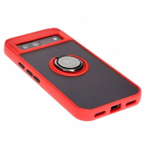 Etui z uchwytem na palec Bizon Case Hybrid Ring do Google Pixel 8a przydymione z czerwoną ramką