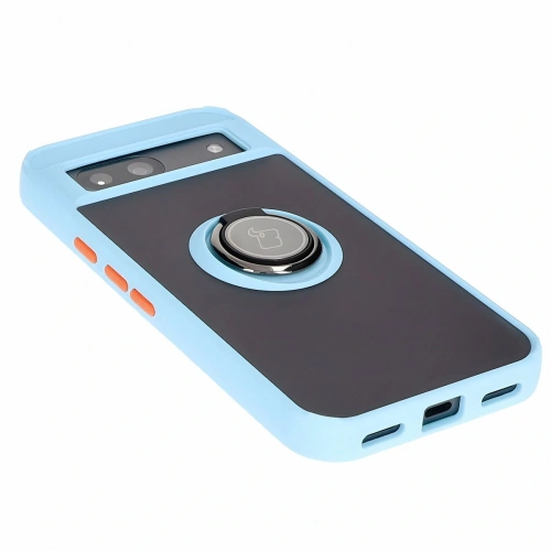 Etui z uchwytem na palec Bizon Case Hybrid Ring do Google Pixel 8a przydymione z jasnoniebieską ramką