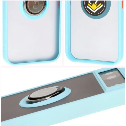 Etui z uchwytem na palec Bizon Case Hybrid Ring do Google Pixel 8a przydymione z jasnoniebieską ramką