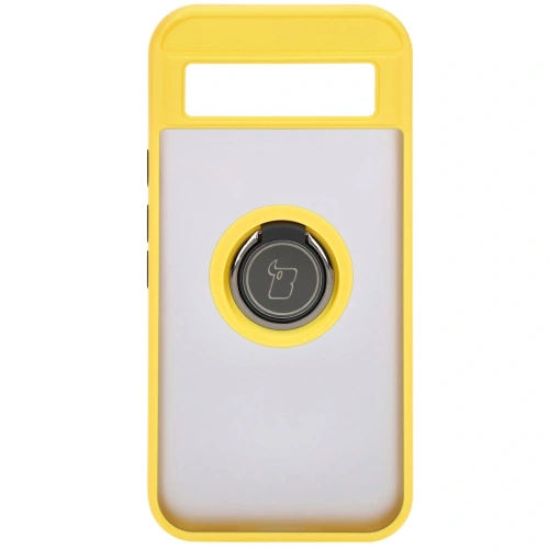 Etui z uchwytem na palec Bizon Case Hybrid Ring do Google Pixel 8a przydymione z żółtą ramką