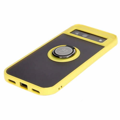Etui z uchwytem na palec Bizon Case Hybrid Ring do Google Pixel 8a przydymione z żółtą ramką