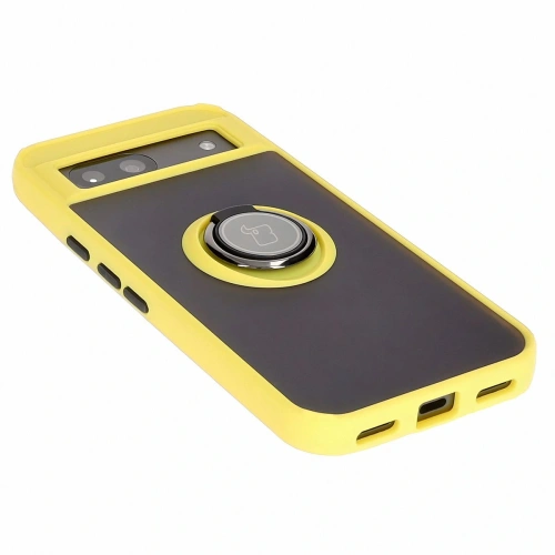 Etui z uchwytem na palec Bizon Case Hybrid Ring do Google Pixel 8a przydymione z żółtą ramką